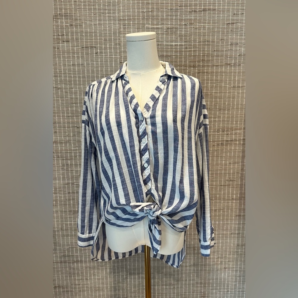 NY & Company Soho Navy and White Striped Button Down Shirt